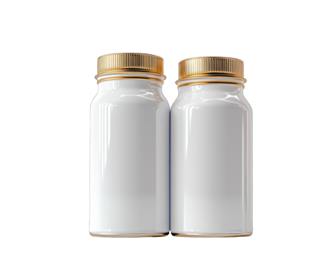 Two identical, blank, white medicine bottles, with gold-colored caps, stand side-by-side against a black background.  The bottles have a smooth, glossy finish and a slightly rounded rectangular shape