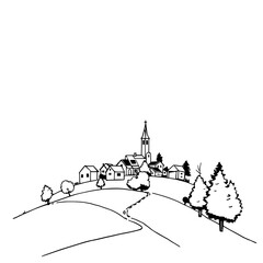 Obraz premium Village on a Hilltop: A charming black and white line art illustration depicts a quaint village nestled atop a hill, showcasing its church steeple and surrounding trees.