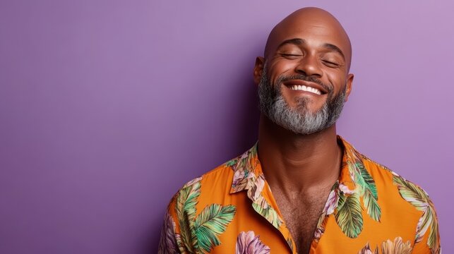 A joyful man with a beard smiles while wearing a vibrant Hawaiian shirt, exuding happiness and warmth against a cheerful, colorful background.