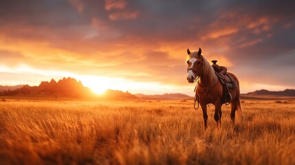 A beautiful horse stands alone in a golden field at sunset, silhouetted against a dramatic sky, capturing the essence of freedom and connection to nature in a breathtaking glow.