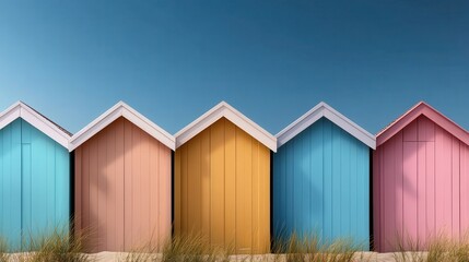 A row of vibrant beach huts, painted in bright colors like blue, yellow, and pink, arranged neatly against a bright blue sky, embodying the joy and relaxation of seaside leisure life.