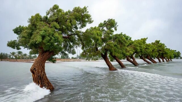 Resilient Trees in Flood: A row of strong trees courageously stands in a flood, their roots anchored firmly as the water surges around them.