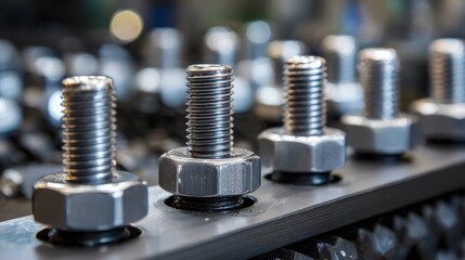 A row of bolts and nuts are lined up on a table