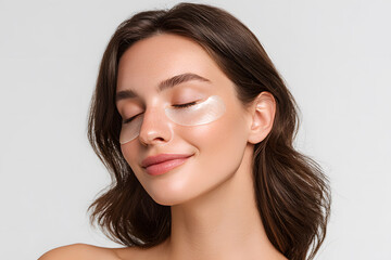 Young woman applying under-eye patches to enhance skin hydration and reduce dark circles for a refreshing look