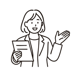 Businesswoman explaining with document, minimal line art illustration