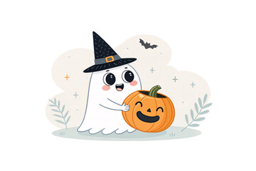 Cute cartoon ghost wearing black witch hat holding orange jack-o'-lantern pumpkin with friendly expressions, isolated on a transparent background