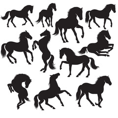 Illustration vector graphics of A set horse silhouette in various dynamic poses perfect for background, design templates, stickers, Clipart, animals themed, decorative, etc