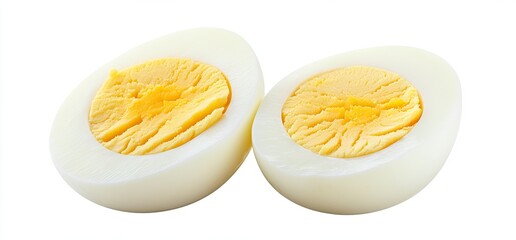 Two halves of a boiled egg, yolk and white clearly visible
