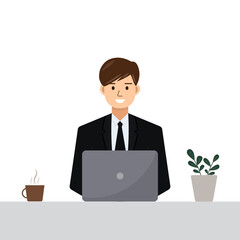 Business man working on laptop.Young man in black suit, office worker with computer, hot coffee and plant pot on desk at the workplace.Vector graphic illustration cartoon.