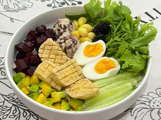 Baked tofu and Soft boiled egg with mixed salad on top with sesame dressing