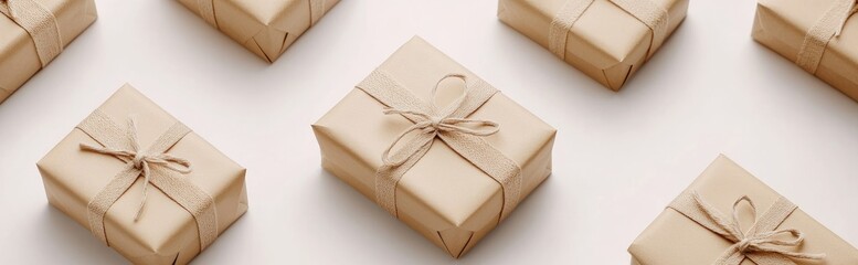Several light beige gift boxes tied with light brown twine