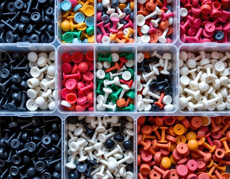 a collection of various size screws and nuts in plastic containers.