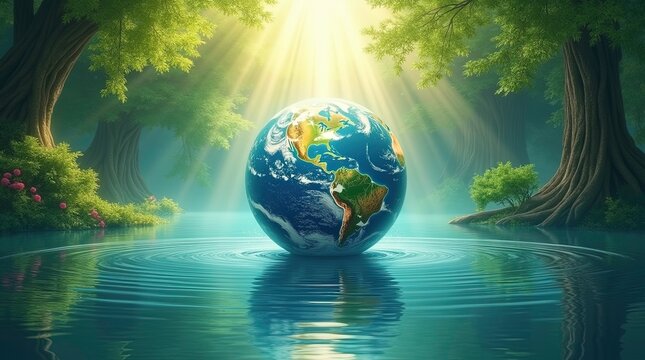 Earth in Water Droplet with Splashing Splash near greenery for World Water Day Conservation, Ecology, and Freshness Illustration