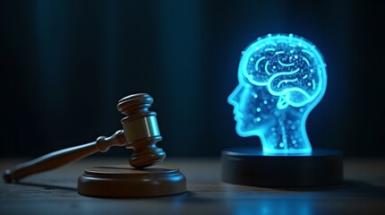 Artificial Intelligence Law: Gavel and Holographic Brain, Representing Legal Tech, Ethical AI, and Justice in Technology.