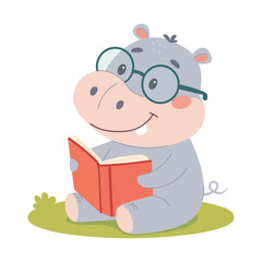 Cute hippo in glasses reading a book.  Funny smart wild animal character sitting with book cartoon vector illustration