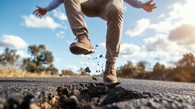 A man leaps over a significant crack in the roadway, showcasing tension and the unexpected nature of obstacles that one may encounter in daily life.
