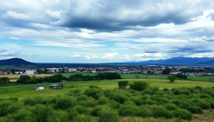 Serene Landscape of Green Fields and Distant Village Under a Cloudy Sky.
