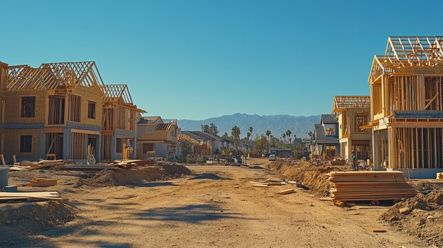 New homes under construction on a sunny day.