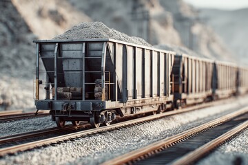 Obraz premium Freight wagons fully loaded with crushed gravel at a mining area with stone hills