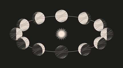 Vector Illustration of Earth Phases Around the Sun &ndash; Orbital Cycle Diagram, simple design