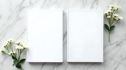 Two White Books Mockup with Daisy Flowers on Marble Background, Clean Minimalist Design, Copy Space