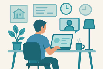 Flat vector illustration of a man working remotely from home, seated at a desk with a laptop, coffee cup, plant, wall clock, lamp, and virtual meeting interface. Ideal for remote work, freelancing, on