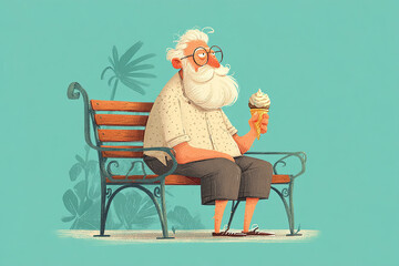 An elderly Caucasian man with a white beard sits on a bench, enjoying an ice cream cone. The background features tropical plants and a light blue color.