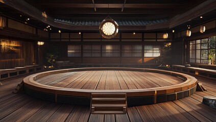 Wooden circle stage in traditional Japanese dojo