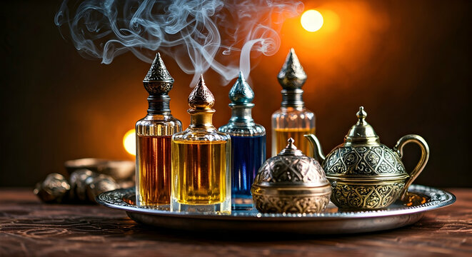 Assortment of Perfumes on Silver Tray with Incense Smoke
