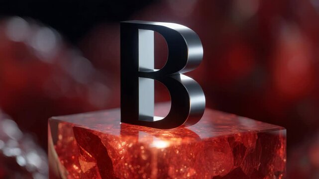 3D Rendering of Metallic Letter B on Translucent Red Crystal Surface with Glowing Ambiance