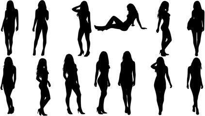 Set of sexy and sensual women posing silhouette vector.
