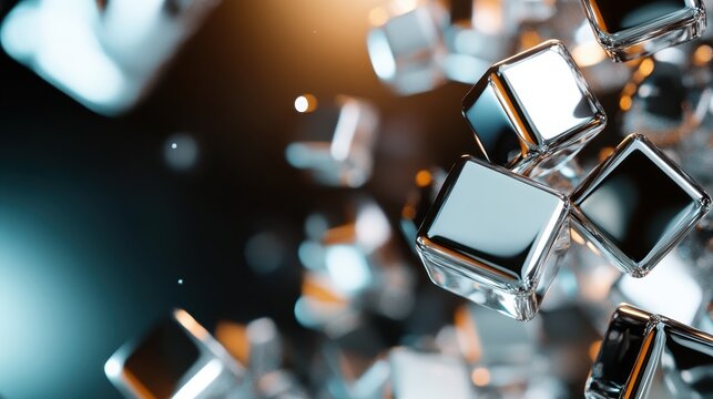 A captivating abstract image of shiny metallic cubes splashing and floating, representing the beauty of design and modern aesthetics in a visually engaging composition.