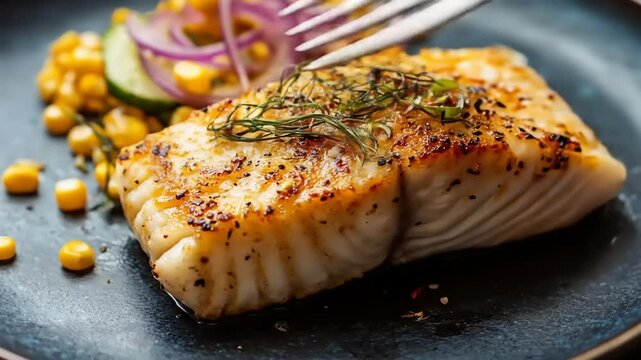 Panseared cod with corn salad.