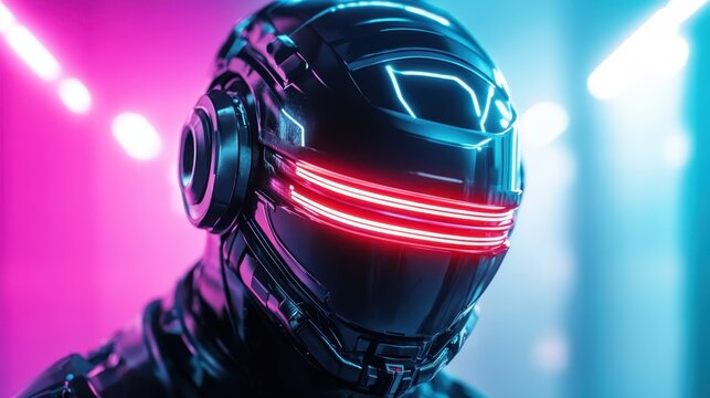 A striking futuristic robot helmet with vibrant neon lights, showcasing a blend of technology and creativity in a captivating and immersive digital landscape.