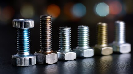 A row of bolts with different colors and sizes