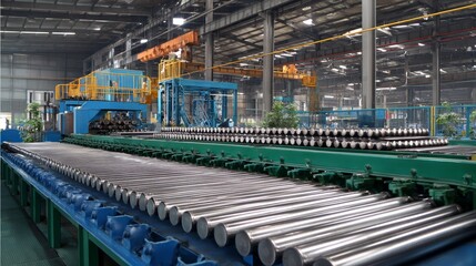 A factory with a conveyor belt full of metal bars