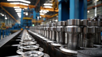 A factory with a conveyor belt of metal parts