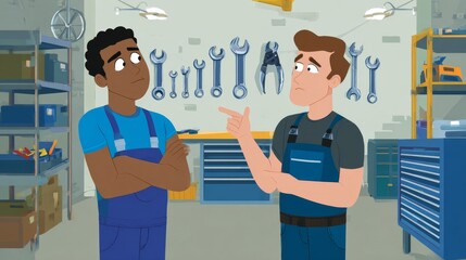 Two men in a garage, one pointing at something
