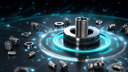 A close up of a bunch of screws and bolts with a blue background