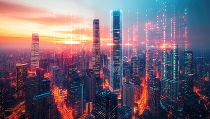 Fototapeta premium Aerial view of a modern city at dawn, with digital overlay