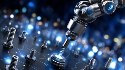 A robot is drilling into a black surface with many screws