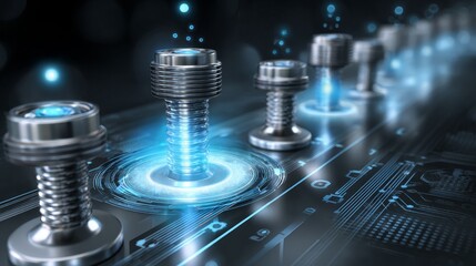 A row of blue and silver buttons with a blue circle in the middle