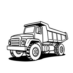 Dump Truck Line Art: A bold black and white illustration of a powerful dump truck, showcasing its robust design and large tires.