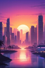 Fototapeta premium A skyline vaporwave city sunset beach background