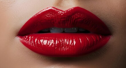 Obraz premium Red lips, Lipstick, Glossy lips, Close-up of Woman's Lips with Red Glossy Lipstick