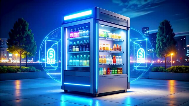 Futuristic smart vending machine with AI interface, illuminated at night on a city street, offering automated drink selection and seamless digital payment for urban convenience.