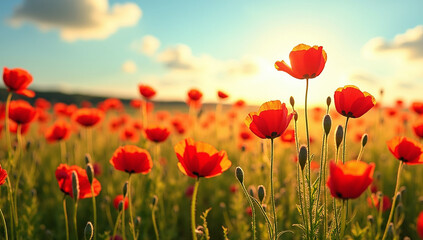 Fototapeta premium Summer meadow with blooming red poppies, lush green grass, soft sunlight, vibrant natural beauty.