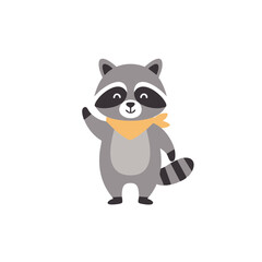 Joyful Raccoon Standing and Waving, Flat Cartoon Icon