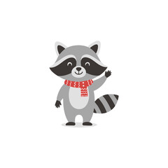 Naklejka premium Joyful Raccoon Standing and Waving, Flat Cartoon Icon