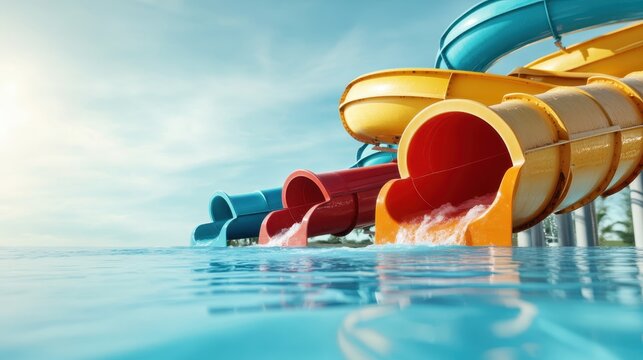 Vibrant water slides in a pool, showcasing a sunny day with splashes of water and colorful structures that invite fun and adventure for all ages at an amusement park.